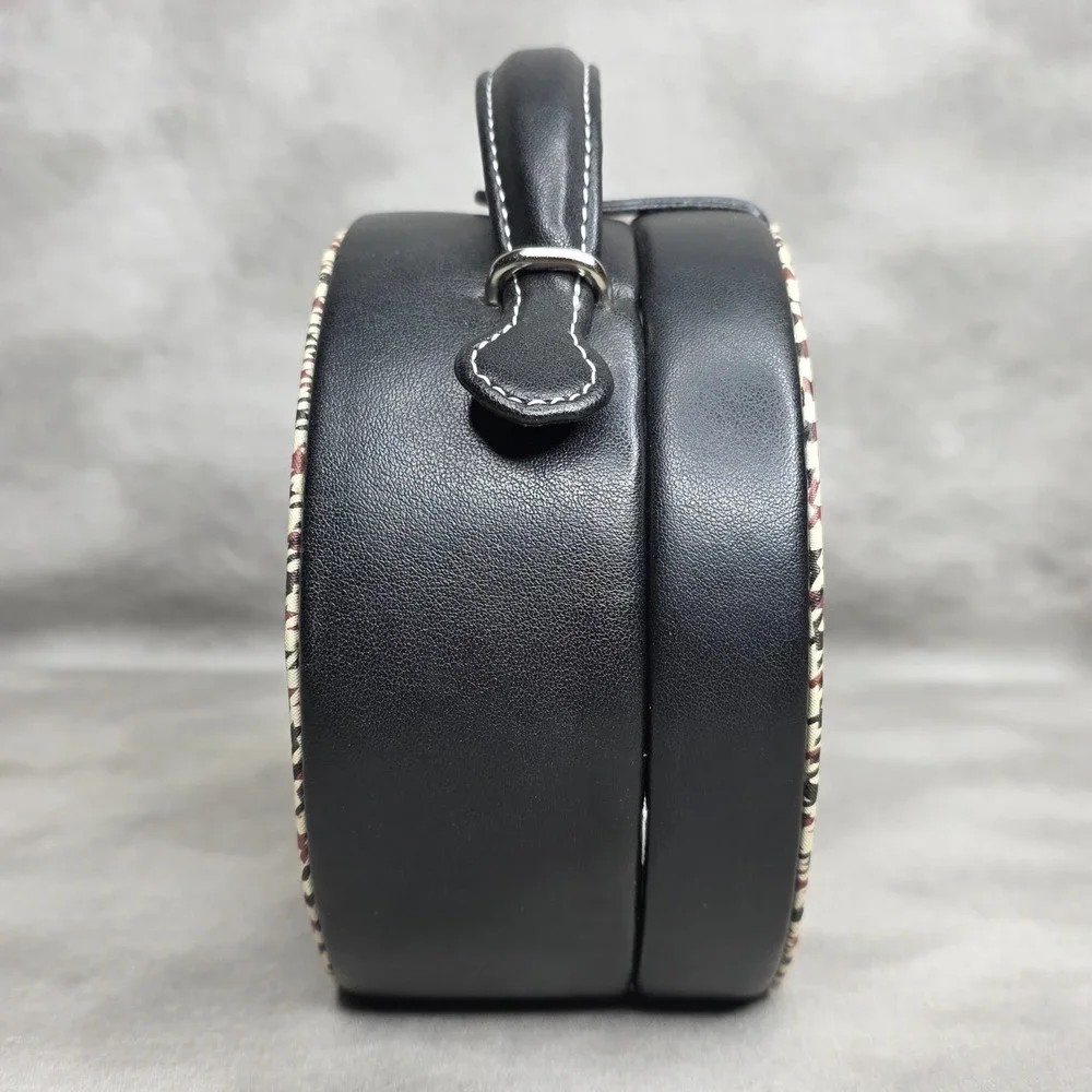 Vanity Jewelry Case Houndstooth Inset & Black Leather Inside Mirror w/Pocket